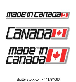 Vector illustration of the logo for "made in Canada", consisting of three isolated flags drawings with the canadian national state flag of Canada and text on a white background