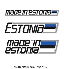 Vector illustration of the logo for "made in Estonia", consisting of three isolated flags drawings with the estonian national state flag and text Estonia on a white background