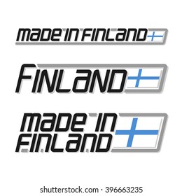 Vector illustration of the logo for "made in Finland", consisting of three isolated flags  illustrations with the finnish national state flag and text Finland on a white background
