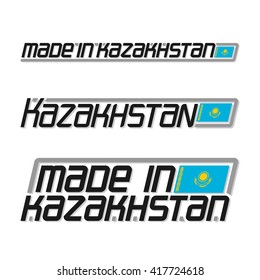 Vector illustration of the logo for "made in Kazakhstan", consisting of three isolated flags drawings with the kazakh national state flag and text Kazakhstan on a white background