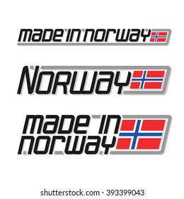 Vector illustration of the logo for "made in Norway", consisting of three isolated flags illustrations with the norwegian national state flag and text Norway on a white background