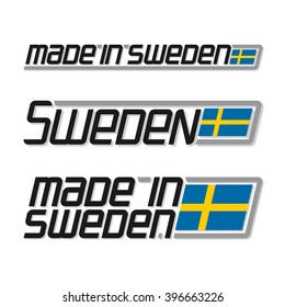 Vector illustration of the logo for "made in Sweden", consisting of three isolated flags illustrations with the swedish national state flag and text Sweden on a white background