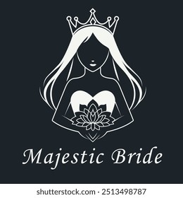 Una Ilustración vectorial y el logotipo de la silueta de una novia majestuosa en blanco, sosteniendo un ramo de flores, sobre un fondo negro. Perfecto para diseños elegantes y con temas de boda.