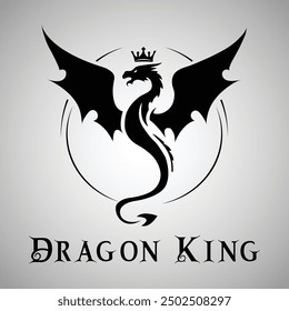 A vector illustration and logo of a majestic dragon with a crown floating above its head, combining regal and mythical elements. Ideal for fantasy and powerful designs.