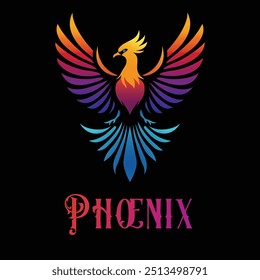 A vector illustration and logo of a majestic phoenix with a gradient of cool colors from blue to orange, accompanied by a sleek font spelling "Phoenix." Ideal for bold and mythical designs.