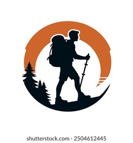 Vector illustration logo of a man hiking mountain.