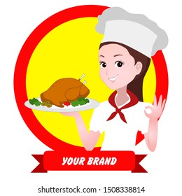 vector illustration for logo or mascot of a female chef. her hand carries a plate of grilled chicken and one makes an okay gesture