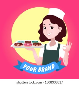 vector illustration for logo or mascot of a female chef. her hand carries a tray of donuts and one makes an okay gesture