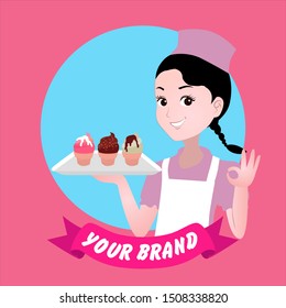 vector illustration for logo or mascot of a female chef. her hand carries a tray of ice cream and one makes an okay gesture