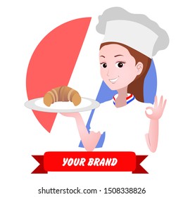 vector illustration for logo or mascot of a female chef. her hand carries a plate of croissant and one makes an okay gesture