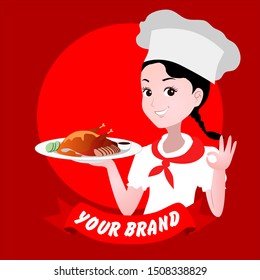 vector illustration for logo or mascot of a female chef. her hand carries a plate of sushi and one makes an okay gesture