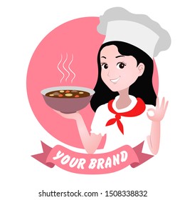 vector illustration for logo or mascot of a female chef. her hand carries a bowl of curry and one makes an okay gesture