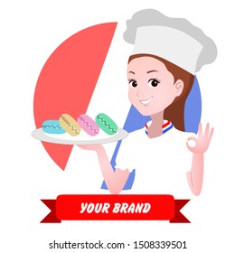 vector illustration for logo or mascot of a female chef. her hand carries a plate of macarons and one makes an okay gesture