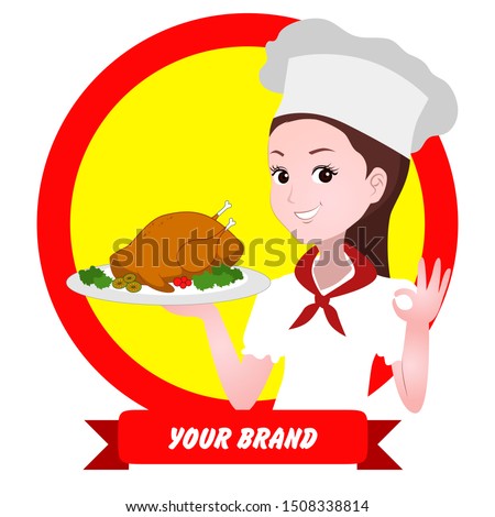 vector illustration for logo or mascot of a female chef. her hand carries a plate of grilled chicken and one makes an okay gesture