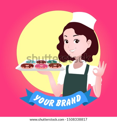 vector illustration for logo or mascot of a female chef. her hand carries a tray of donuts and one makes an okay gesture