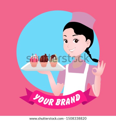 vector illustration for logo or mascot of a female chef. her hand carries a tray of ice cream and one makes an okay gesture