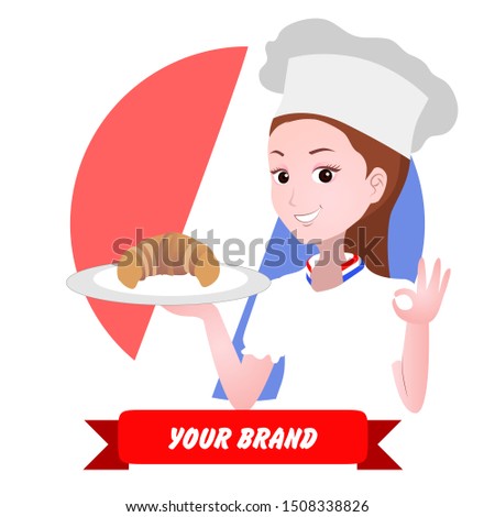 vector illustration for logo or mascot of a female chef. her hand carries a plate of croissant and one makes an okay gesture
