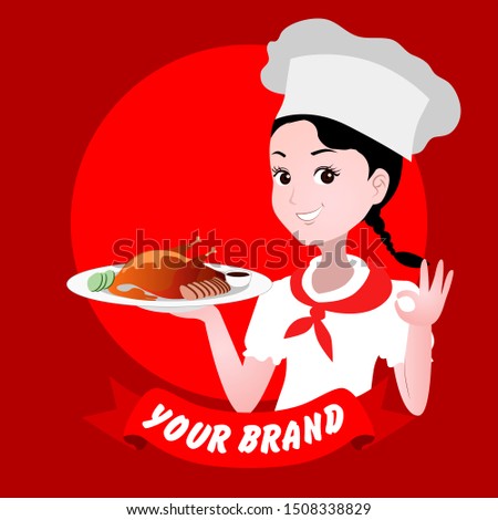 vector illustration for logo or mascot of a female chef. her hand carries a plate of sushi and one makes an okay gesture