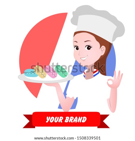 vector illustration for logo or mascot of a female chef. her hand carries a plate of macarons and one makes an okay gesture