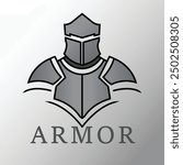 A vector illustration and logo of medieval armor with a gradient of gray scale colors, combining historical design with modern aesthetics. Ideal for themes of chivalry and history.