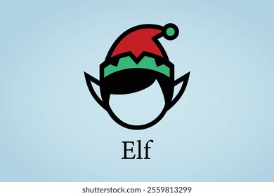 A vector illustration and logo of a minimal elf head design wearing a classic Christmas hat, resembling an icon, perfect for holiday branding, Christmas-themed projects, and festive decorations.