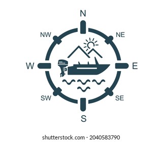 Vector illustration, logo, motor boat icon. Tourism and recreation. The direction of space. Compass.