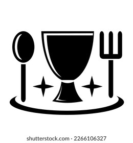 Vector illustration, logo, mug icon, forks and spoons. Food and dish. Isolated on a white background.