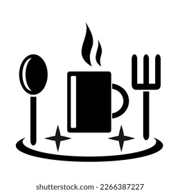Vector illustration, logo, mug icon, forks and spoons. Food and dish. Isolated on a white background.