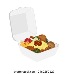 Logotipo de la Ilustración vectorial Nasi Kuning o arroz amarillo o arroz de cúrcuma en una caja de poliestireno
