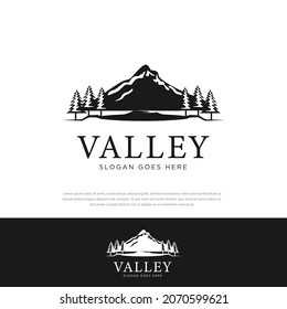 Vector illustration logo with natural scenery of mountains lake. mountains illustration design