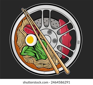 vector illustration logo of noodle food in a bowl with car rims