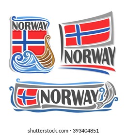 Vector illustration of the logo for Norway, 3 isolated illustrations: norwegian national state flag over the boat on the waves, horizontal symbol of Norway and the flag on background of the fish