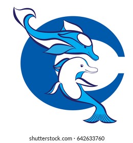 Vector illustration. The logo on the background with dark blue letters. Any first letter of the names of conservation organizations, travel companies, pool, swimming sports. Two Dolphin