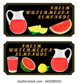 Vector illustration logo on theme watermelon lemonade in red jug for drink. Jug pattern consisting of glass pitcher filled colored lemonade from natural watermelon. Watermelon is fresh liquid of jug.