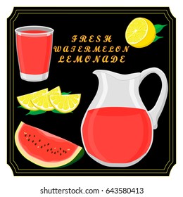 Vector illustration logo on theme watermelon lemonade in red jug for drink. Jug pattern consisting of glass pitcher filled colored lemonade from natural watermelon. Watermelon is fresh liquid of jug.