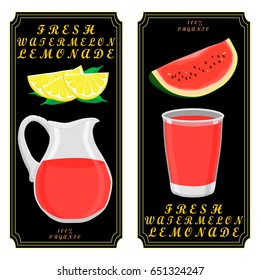 Vector illustration logo on theme watermelon lemonade in red jug for drink. Jug pattern consisting of glass pitcher filled colored lemonade from natural watermelon. Watermelon is fresh liquid of jug.