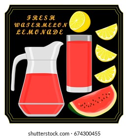Vector illustration logo on theme watermelon lemonade in red jug for drink. Jug pattern consisting of glass pitcher filled colored lemonade from natural watermelon. Watermelon is fresh liquid of jug.