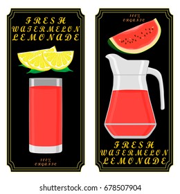 Vector illustration logo on theme watermelon lemonade in red jug for drink. Jug pattern consisting of glass pitcher filled colored lemonade from natural watermelon. Watermelon is fresh liquid of jug.