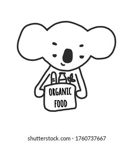 Vector illustration of the logo of an organic food company or delivery service for proper nutrition and natural products. Cartoon character Panda holds a bag of bread, vegetables and herbs.Minimalism