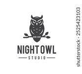A vector illustration logo of an owl perched on a branch paired with sleek black typography