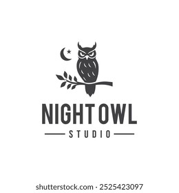 A vector illustration logo of an owl perched on a branch paired with sleek black typography