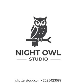 A vector illustration logo of an owl perched on a branch paired with sleek black typography