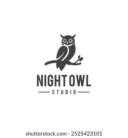 A vector illustration logo of an owl perched on a branch paired with sleek black typography