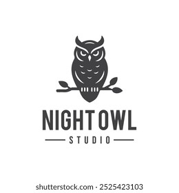 A vector illustration logo of an owl perched on a branch paired with sleek black typography