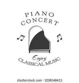 Vector illustration of logo for piano lessons or concerts, or music store, etc. Classical music lettering. Vector illustration isolated on white background.