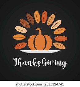 A vector illustration and logo of a pumpkin surrounded by colorful fall leaves, perfect for autumn-themed projects, harvest festivals, and Thanksgiving designs.