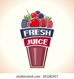 Vector illustration logo for purple Fresh berry Juice, glass cup filled with berries still life composition fresh juice: cherry, raspberry, blackberry, blueberry, currant, 