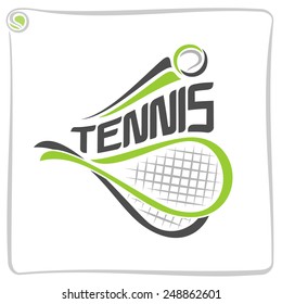 Vector illustration of the logo for racket of lawn tennis, consisting of  isolated illustration tennis racquet with green ball closeup on white background