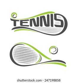 Vector illustration of the logo for rackets of lawn tennis, consisting of  isolated tennis racquets with green ball closeup on white background