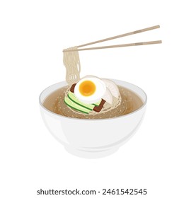 Logotipo de la Ilustración vectorial Listo para comer Mul Naengmyeon o fideos fríos coreanos